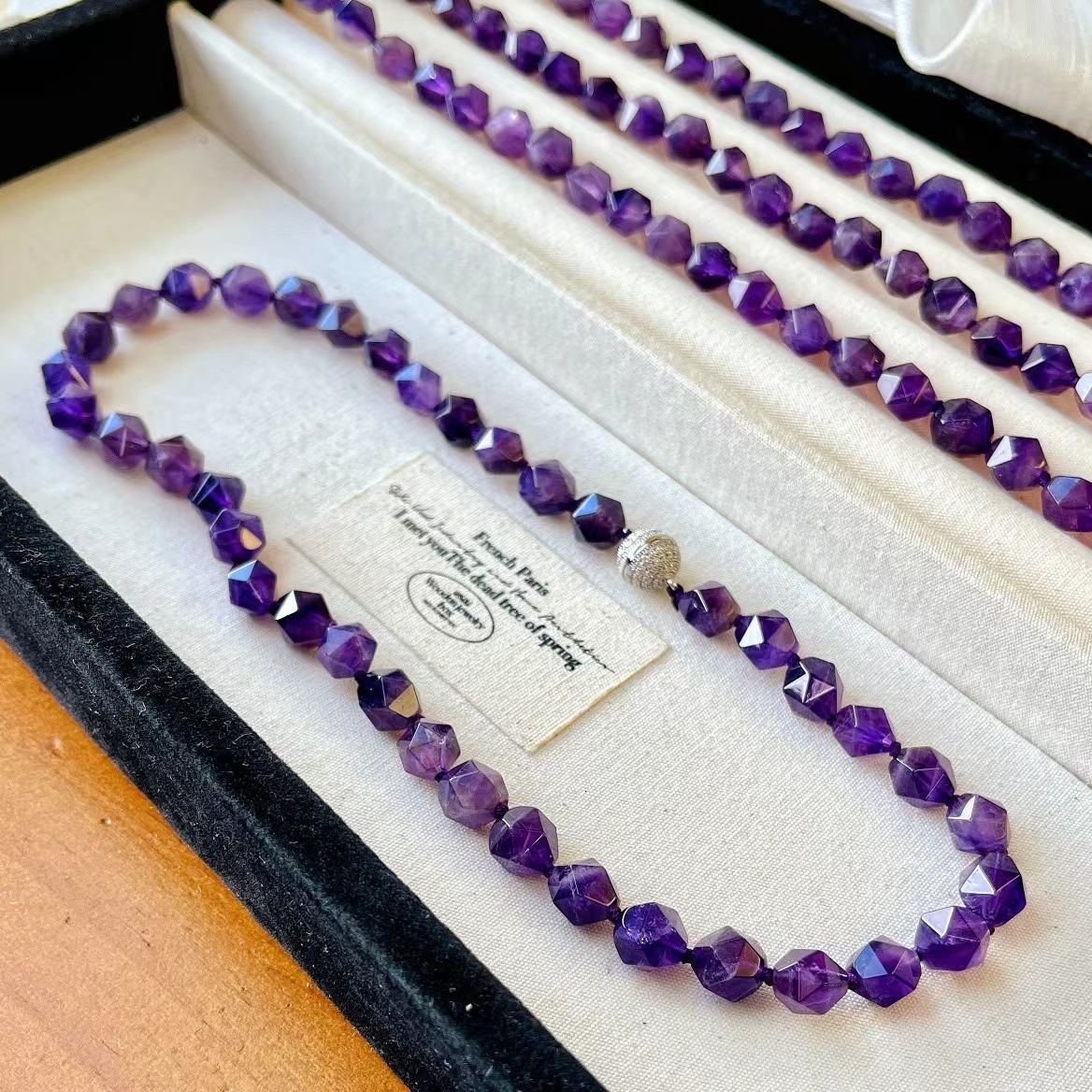 Natural face amethyst gemstone necklace 925 sterling silver 16.5-inch beads 8MM 241210