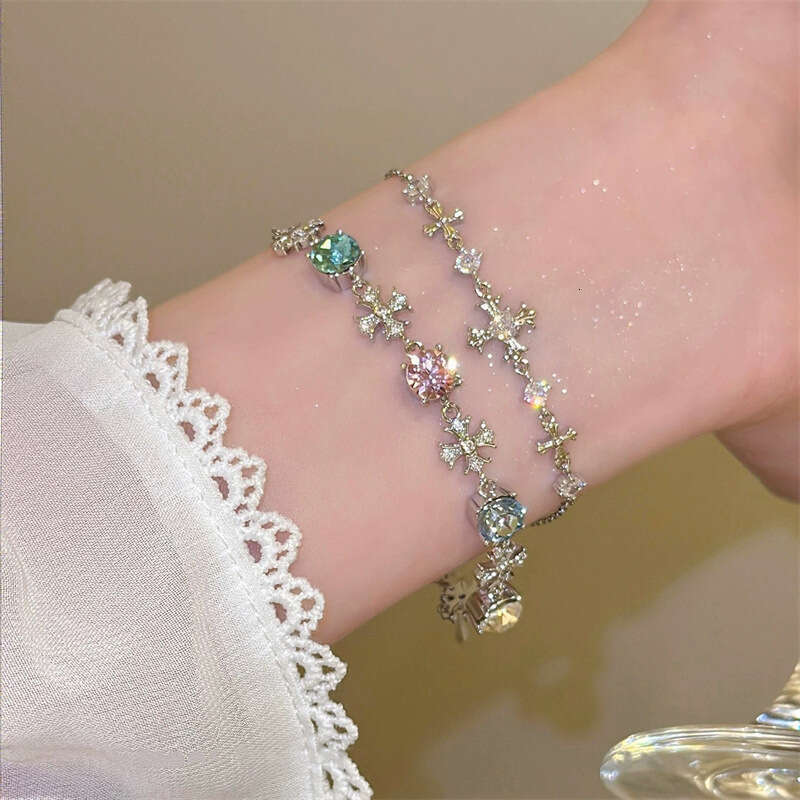 Cross Zircon Exquisite Bracelet for Women Multi-Layer Crystal Bracelet Set Rhinestone Flower Iridescent Gem Dainty Jewelry