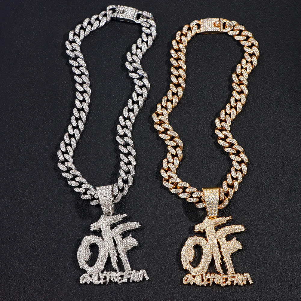 Hip Hop Style Full Drill OTF Letter Pendant Cuban Chain Necklace Trendy Cross-Border Street Dance Jewelry Unisex Alloy 260119