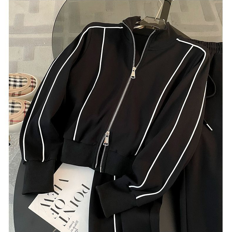 2026 New Women's Casual Sportswear Set Zipper Up Jacket & Wide Leg Pants Two Piece Outfit with Black Stripes - view 4