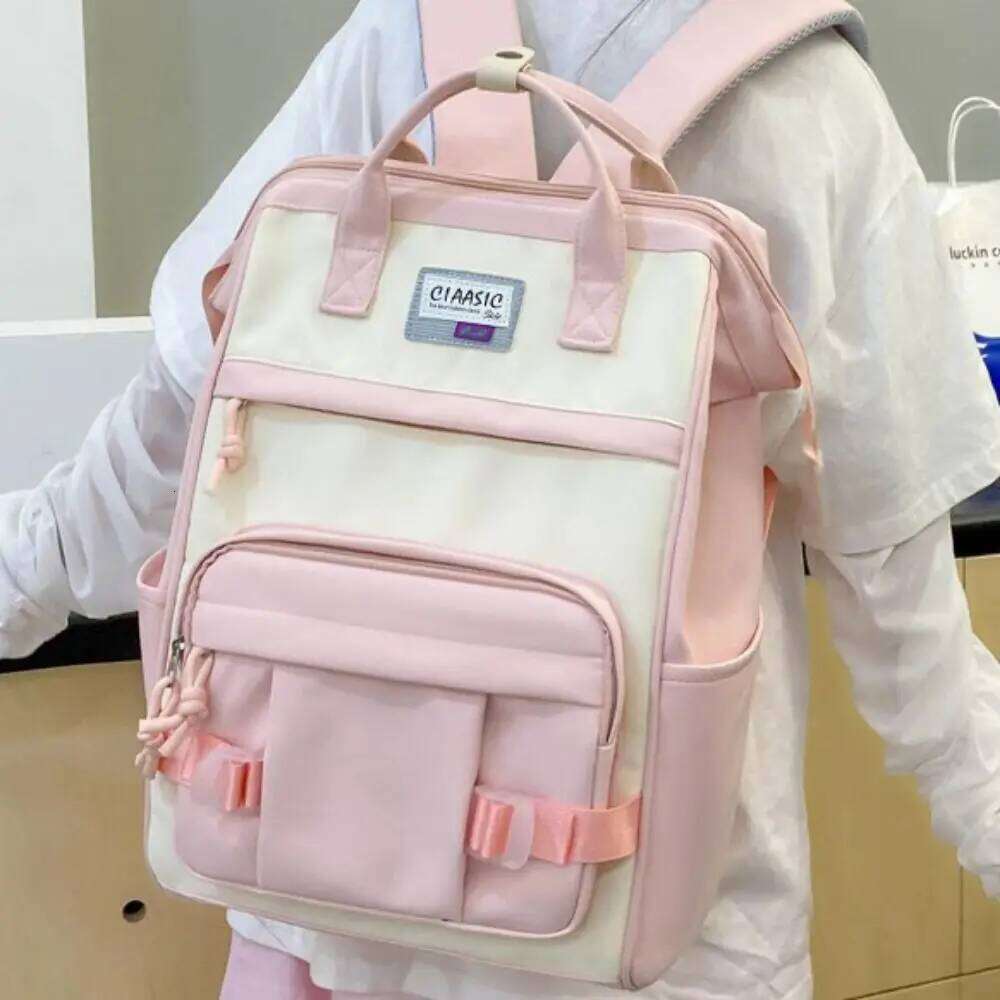 Adjustable Large Capacity Backpack Anti-splash Water Korean Style Casual Nylon Daypack Soft Contrast Color Women School Bag Z260124