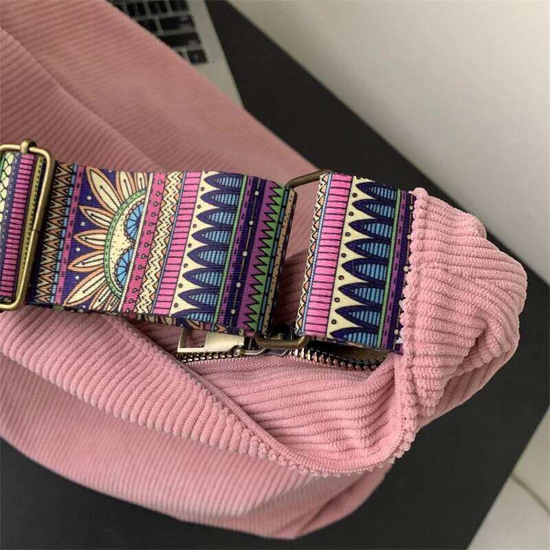 Women's bag, corduroy solid color handbag, retro wide shoulder strap zipper closure tote crossbody bag Z260124