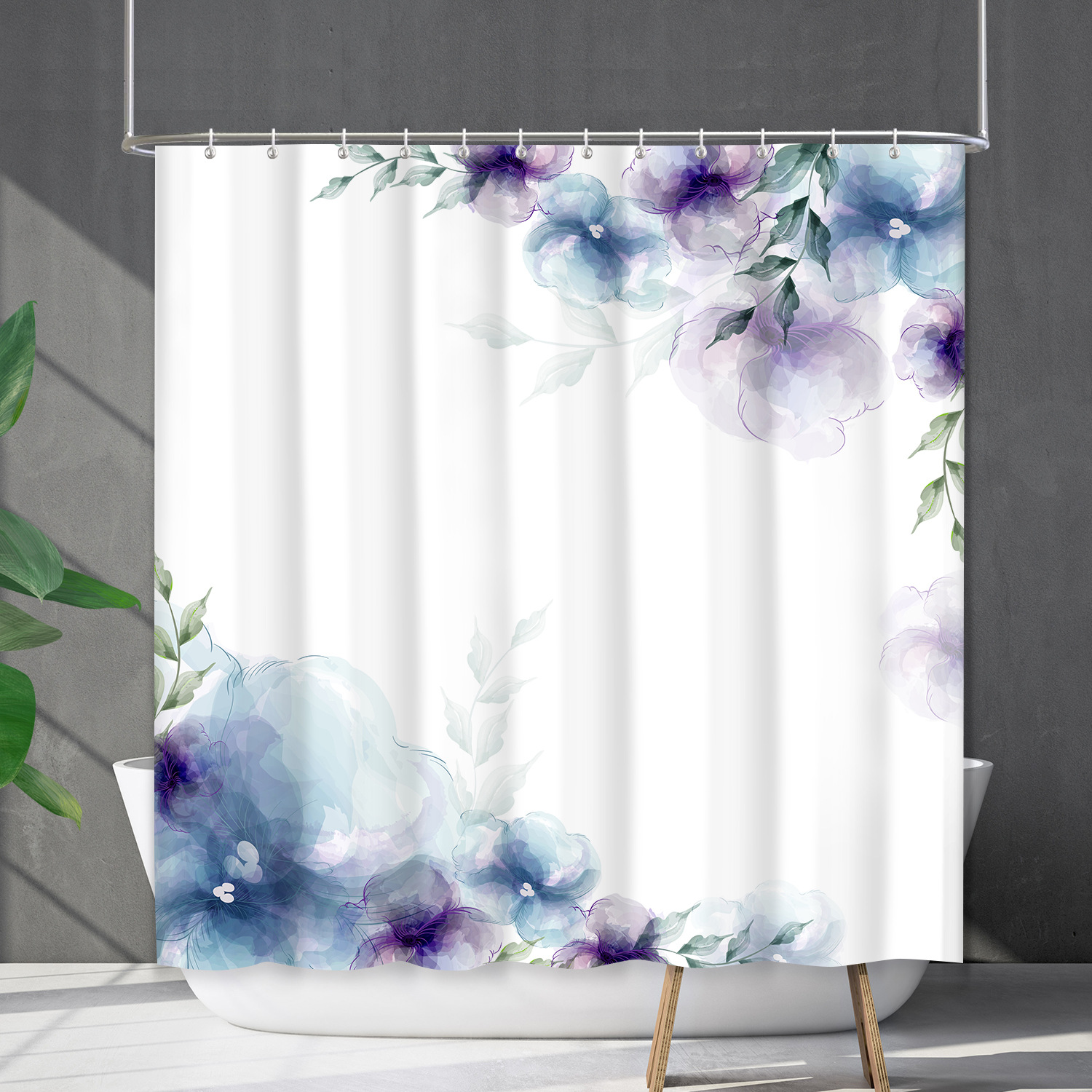 YL-38220 Customized Waterproof Shower Curtain Set with Floral Plants, Flower and Grass Shower Cover, No Drill Required