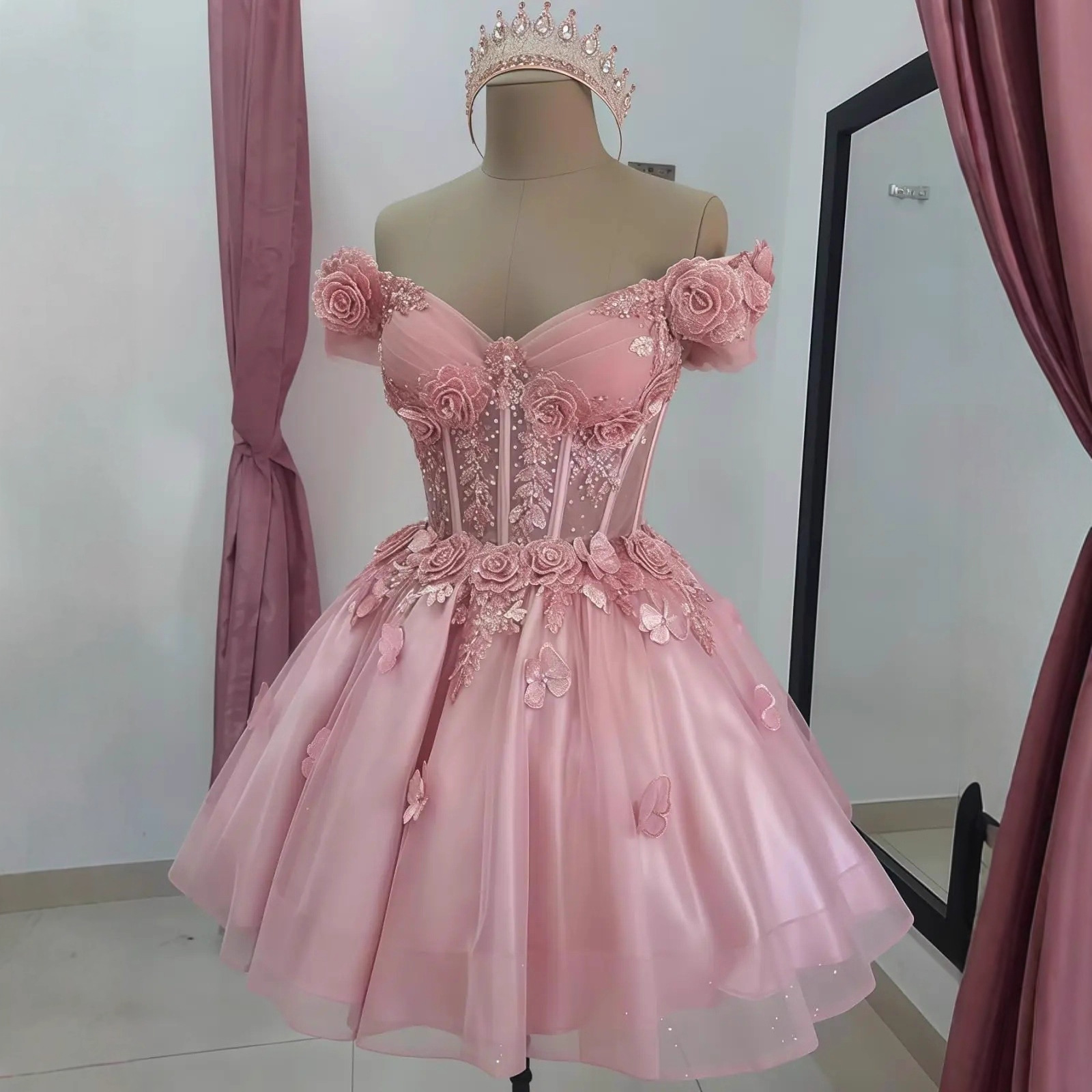 Sexy Fashion Pink Short Prom Dresses 2026 Off the Shoulder Pleats 3D Flowers Tulle Lace Up Mini Homecoming Party Formal Gowns Birthday Banquet Feast