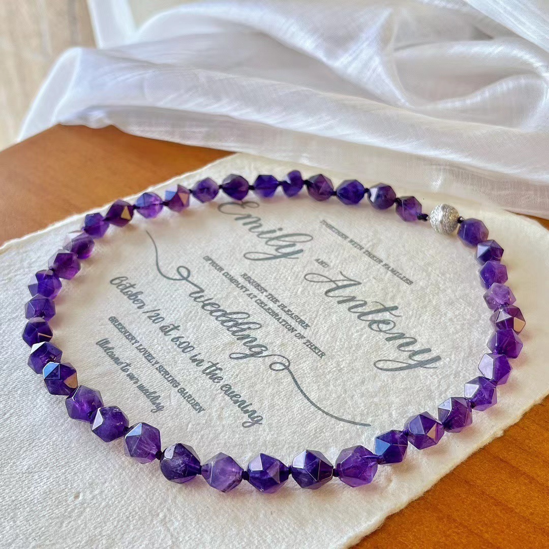 Natural face amethyst gemstone necklace 925 sterling silver 16.5-inch beads 8MM 241210