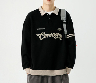 Mens oversized contrasting color lapel sweatshirt spring hiphop street Harajuku baseball uniform hooded mens style 241206