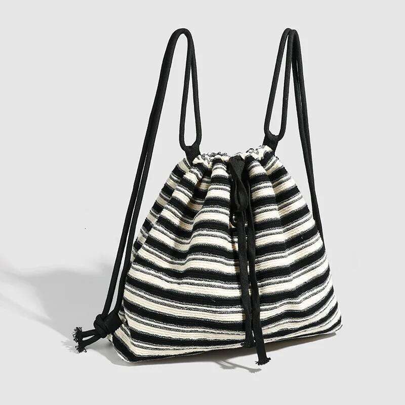 Bags Large Capacity Drawstring Backpack Shoulder Handbag Fashion Women Knitted Stripe backpack Back To School 2024 Z260124