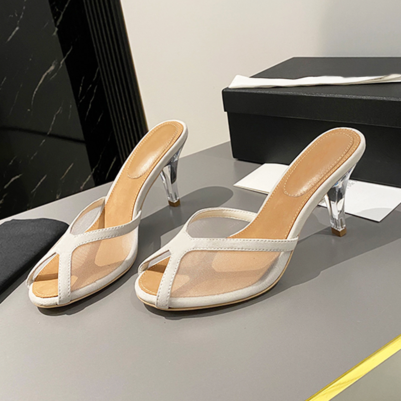 Designer Pumps Women Mesh Heels Black Beige Peep Toe Slippers Sandals Patent Leather Lace Dress Shoes Rhinestones Letter Buckle Casual Summer Mul