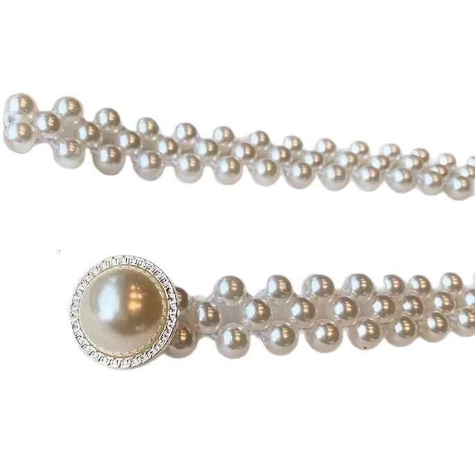 Belt Women Pearl Chain High-End Waist Cincher Korean Style Rhinestone Lazy Elastic Belt Accessory for Dresses Vintage Elegant Waistband