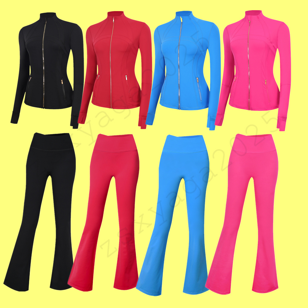 Designer Women Yoga Clothes Golden Zipper Full Zip Jackets Top Solid Color Sports Shaping Waist Fitness Jogging flared pants Lady No Embarrassment Line bell-bottoms