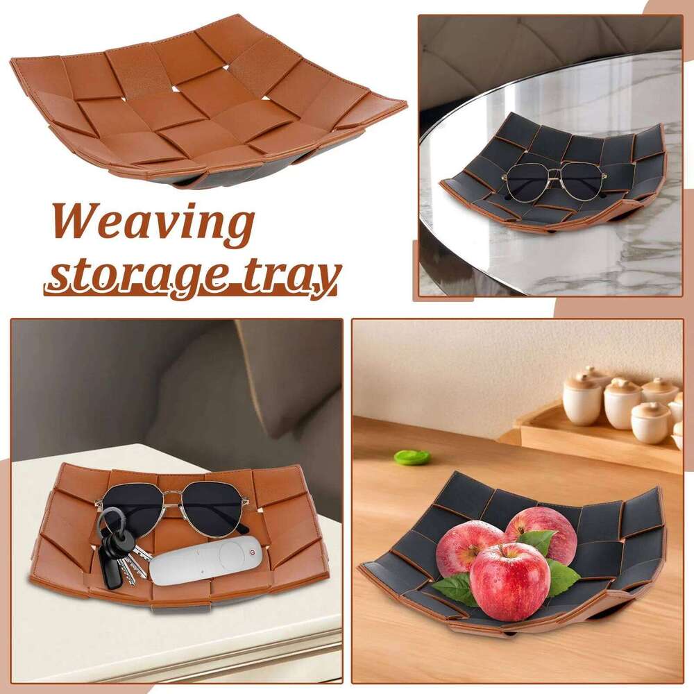 Leather Key Bowl Reversible Phone Wallet Coin Desktop Storage Tray Organizer Square Weave Nightstand