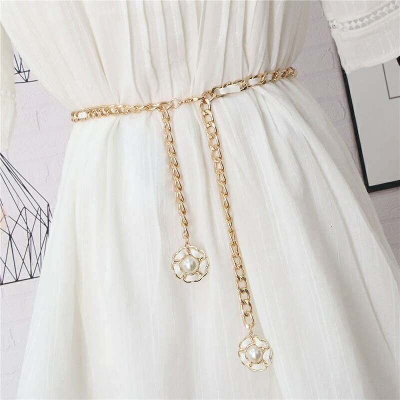 Fashion Accessory Belt Women Women's Camellia Pearl Chain Waistband Elegant Decorative Belt for Dresses Skirts