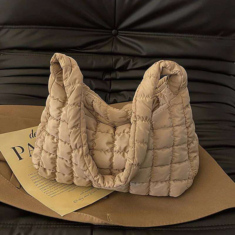 Winter Padded Hobo Shoulder Trendy Nylon Crossbody Bag, Women's Casual Handbag & Purse For Commuting