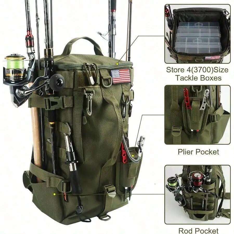 Bag with Rod Holders, Large Storage, Tackle Box Backpack Carrying Fishing Gear and Equipment, Gifts for Men Z260124