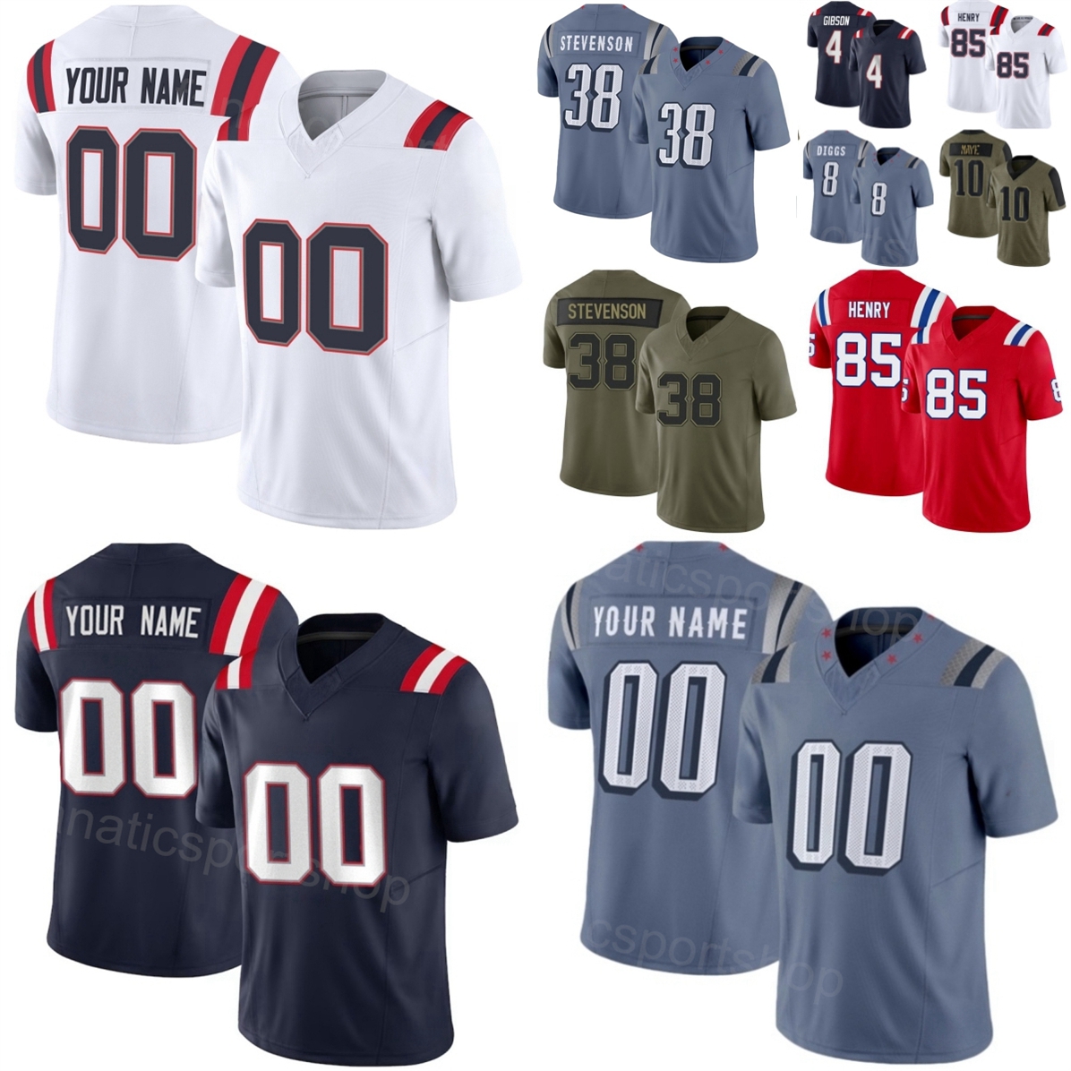 2026 Football 32 TreVeyon Henderson Jersey Woman Mans Kids 38 Rhamondre Stevenson 4 Antonio Gibson 8 Stefon Diggs 85 Hunter Henry 10 Drake Maye Color Rush