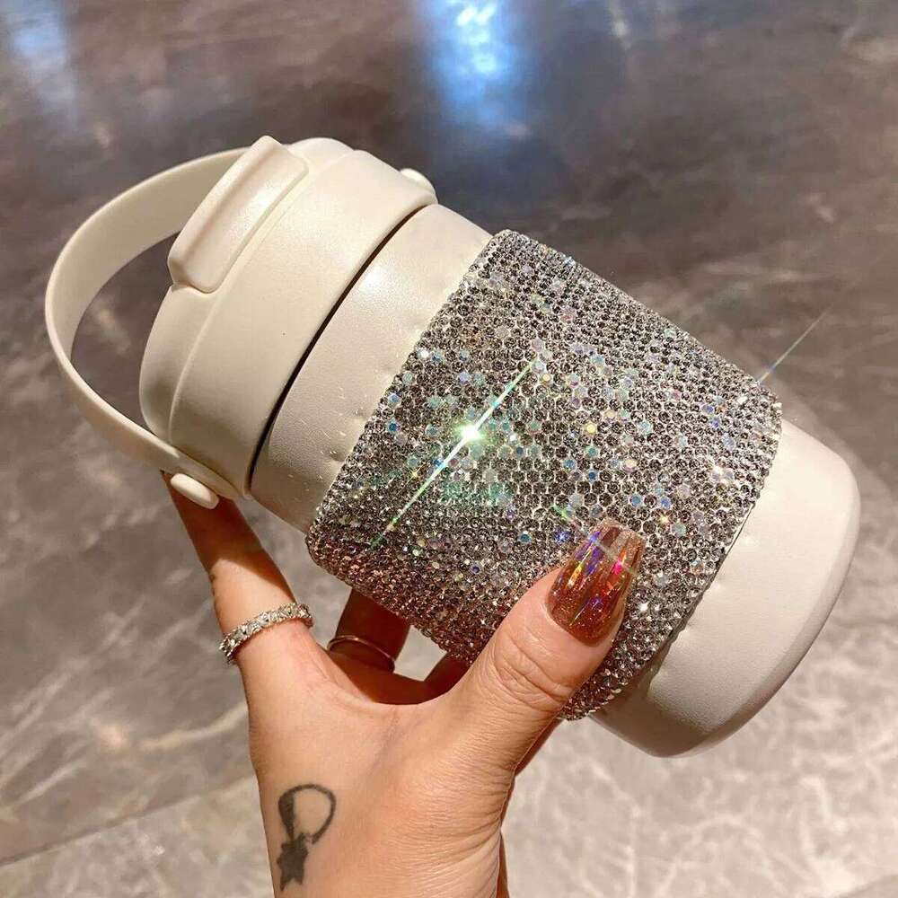 Luxury Rhinestone Stainless Steel Insulated Cup Tumbler Handle Coffee Mug Portable Thermal Water Bottle Travel Vacuum Flask Gift