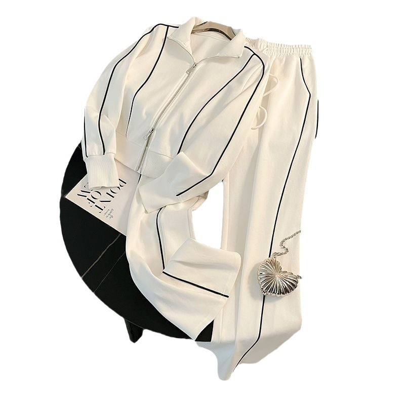 2026 New Women's Casual Sportswear Set Zipper Up Jacket & Wide Leg Pants Two Piece Outfit with Black Stripes - view 6