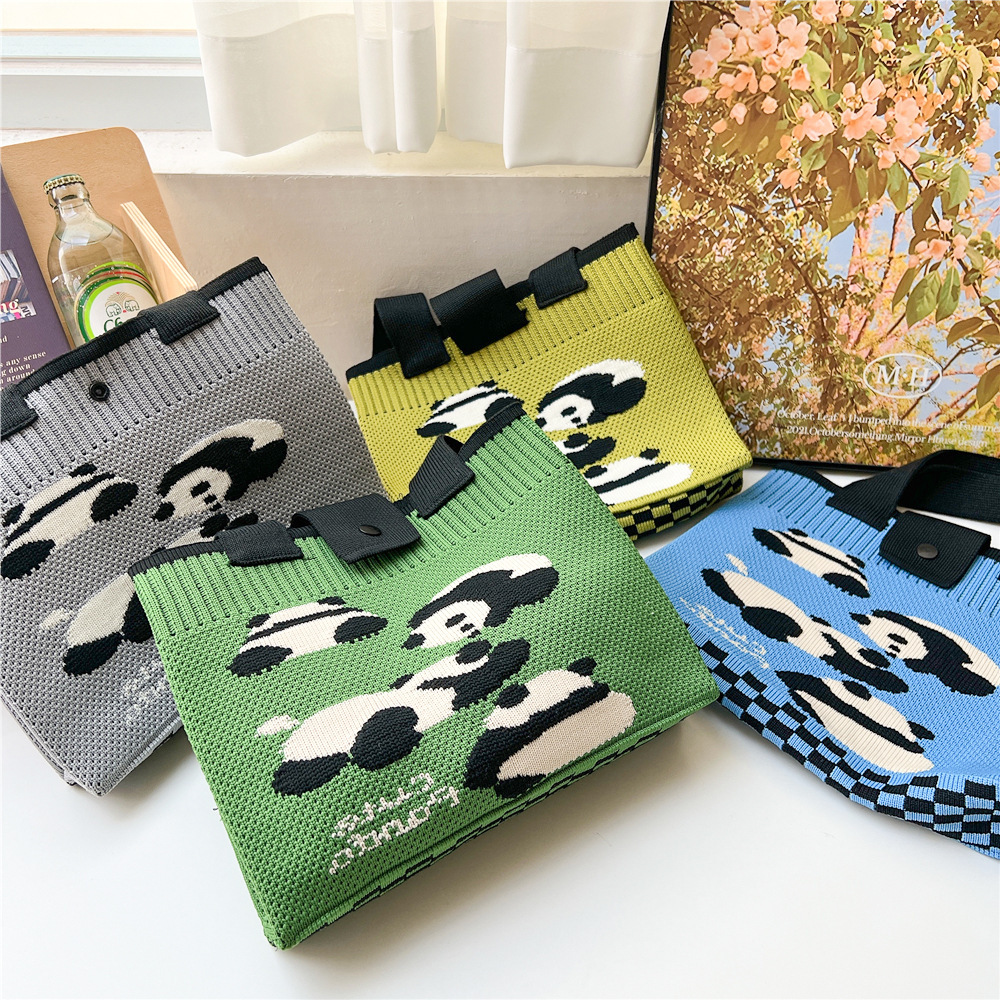 Red Panda Knitted For Women, Large Capacity Summer Green Cartoon Women's Bag, Autumn Winter Single Shoulder Handheld Shopping Bag