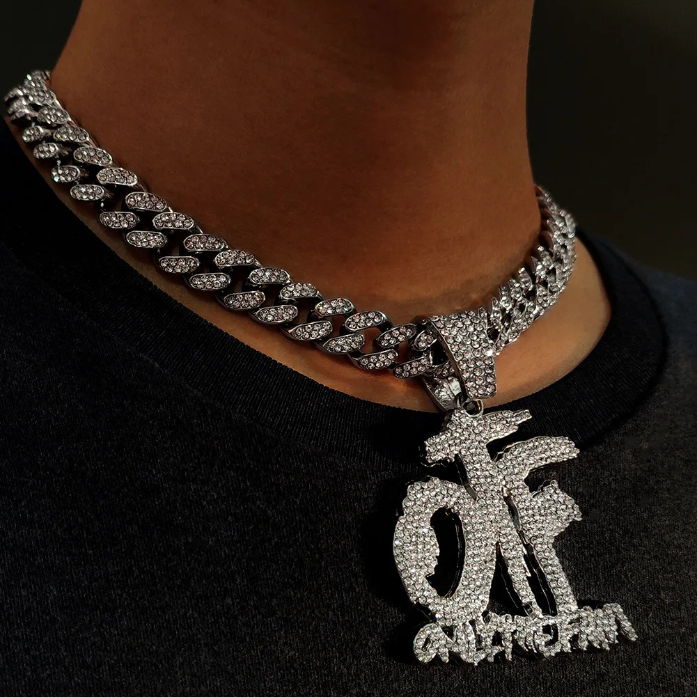 Hip Hop Style Full Drill OTF Letter Pendant Cuban Chain Necklace Trendy Cross-Border Street Dance Jewelry Unisex Alloy 260119