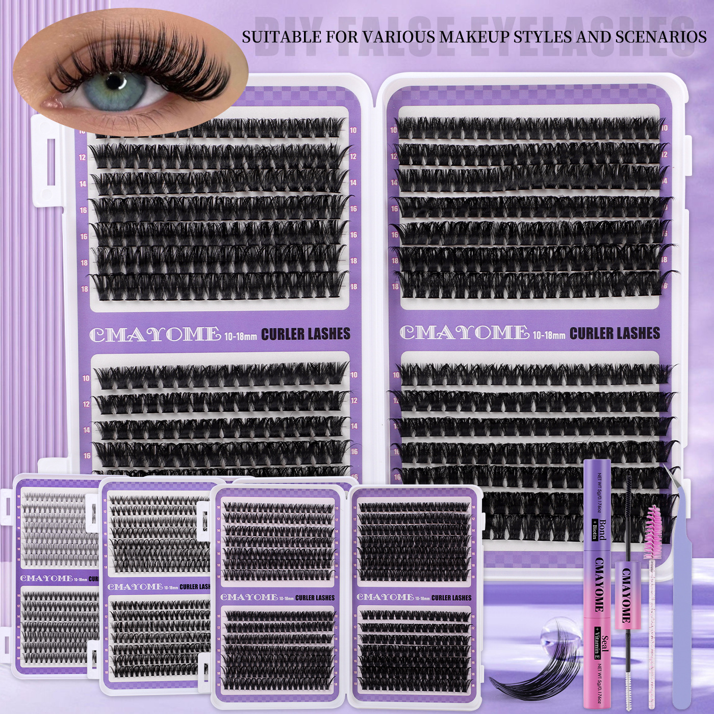 DIY Eyelash Extensions Kit with Lash Bond & Seal Tweezer Mixed Tray Cluster Lashes Thick Fluffy Handmade Reusable D Curled DIY Segmented Eyelashes