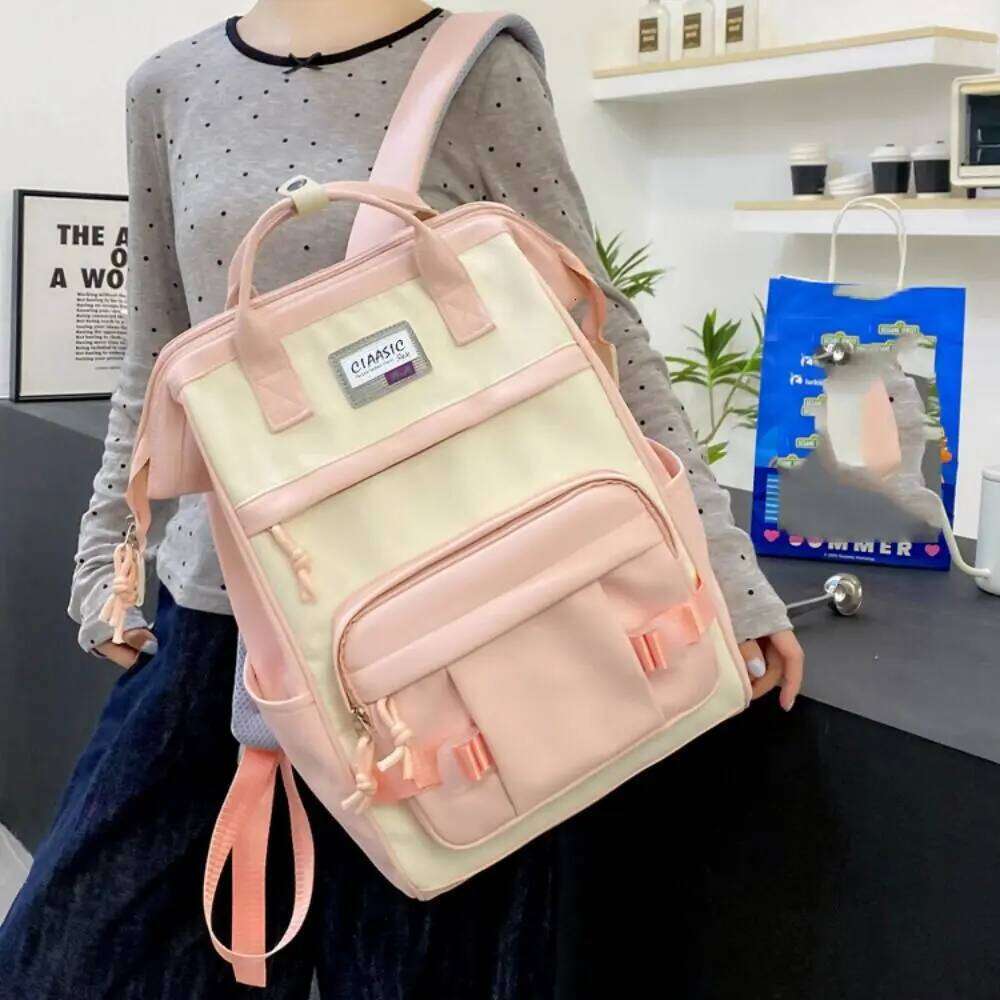 Adjustable Large Capacity Backpack Anti-splash Water Korean Style Casual Nylon Daypack Soft Contrast Color Women School Bag Z260124
