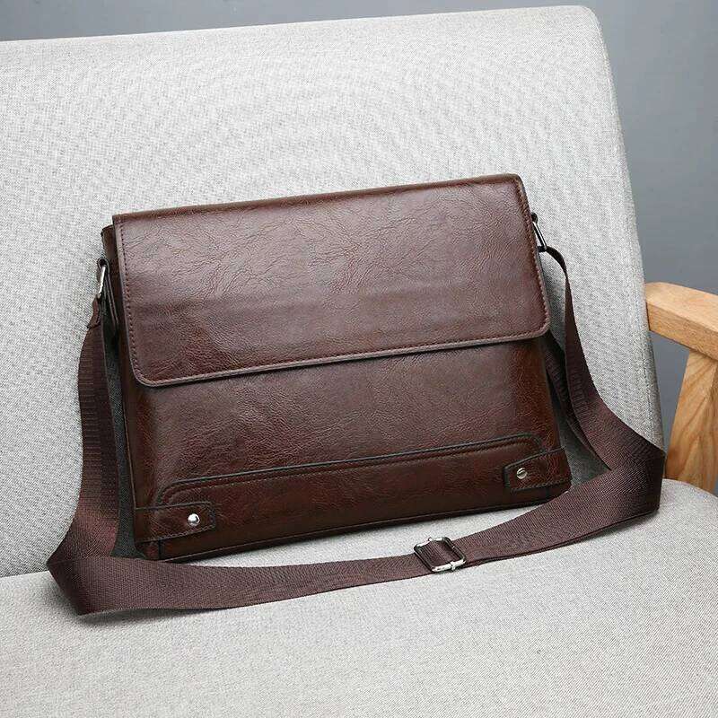 Men's Solid Color Retro Leather Shoulder Bag, Casual Business Crossbody BagS Horizontal A4 Paper Travel Briefcase Laptop Bag
