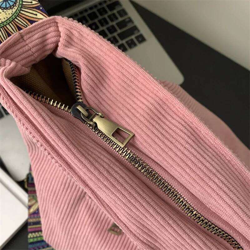 Women's bag, corduroy solid color handbag, retro wide shoulder strap zipper closure tote crossbody bag Z260124