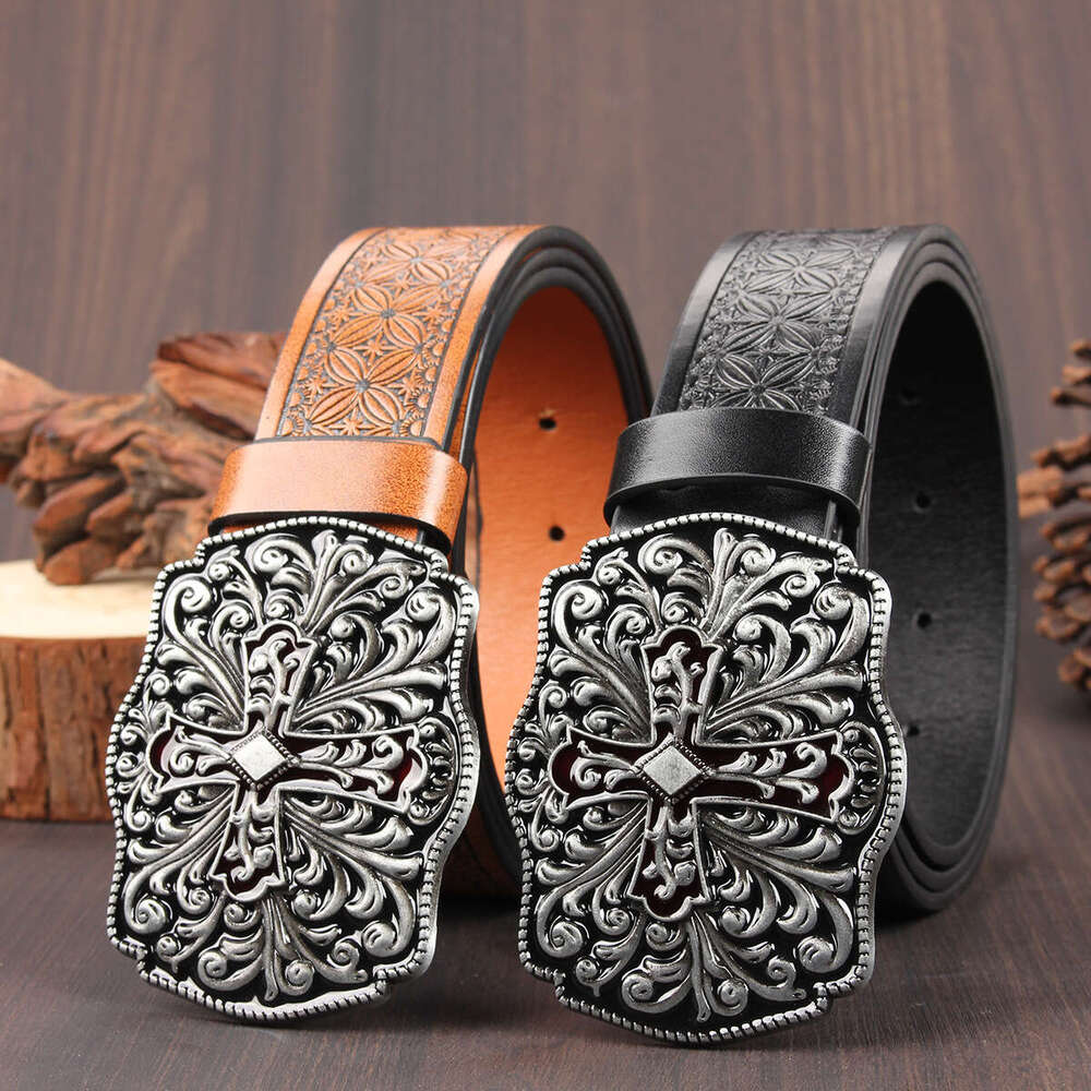 Men Belt Designer Free Shipping Gothic Retro Cross Buckle Embossed Pattern Versatile Waistband for Jeans Dresses