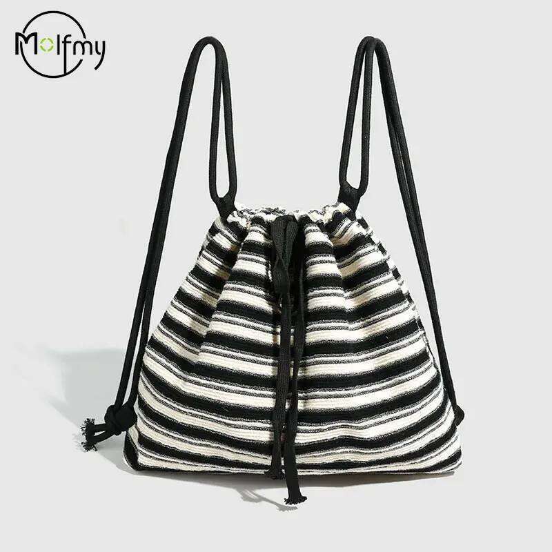 Bags Large Capacity Drawstring Backpack Shoulder Handbag Fashion Women Knitted Stripe backpack Back To School 2024 Z260124