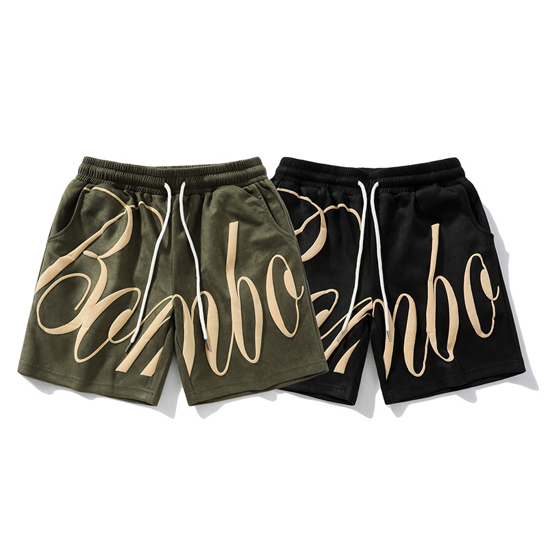 Foam Letters Print Suede Shorts Black Green Drawstring Loose Casual Pants Men Women Couple Beach Holiday Shortpant Summer Style