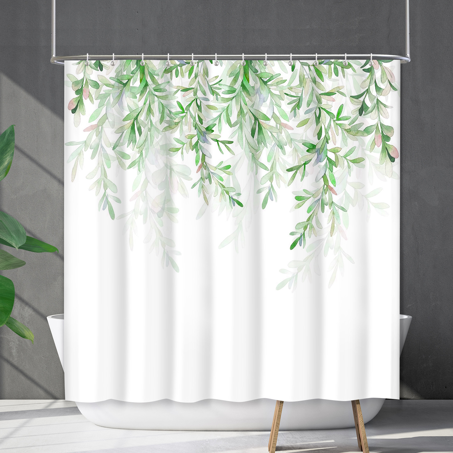 YL-38215 Customized Waterproof Shower Curtain Set with Floral Plants, Flower and Grass Shower Cover, No Drill Required