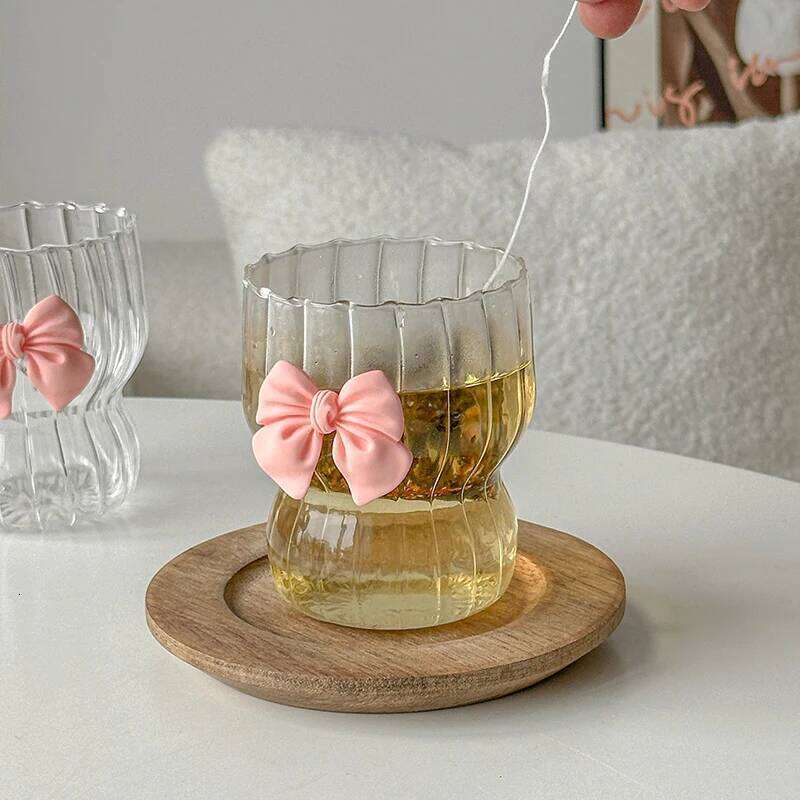 1pcs Pink Water Cartoon Bow Glass Cup Striped Cute Doodle Coffee Mug Household Fruit Tea Lemonade Girls Gift