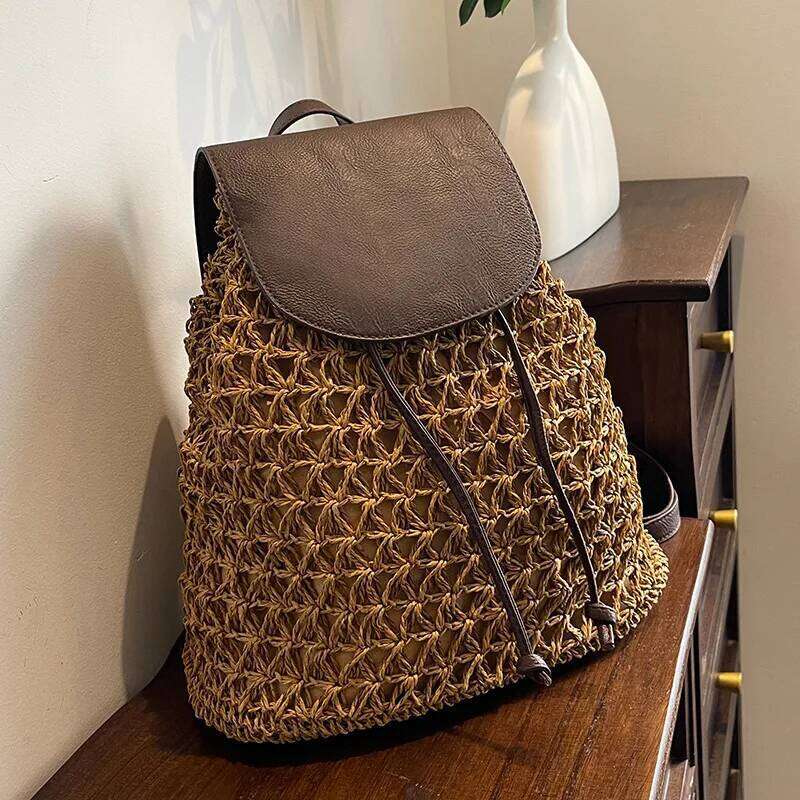Vintage Women's Fashion Shoulder Bag Versatile Straw Woven PU Leather Elegant Luxury Backpack Z260124