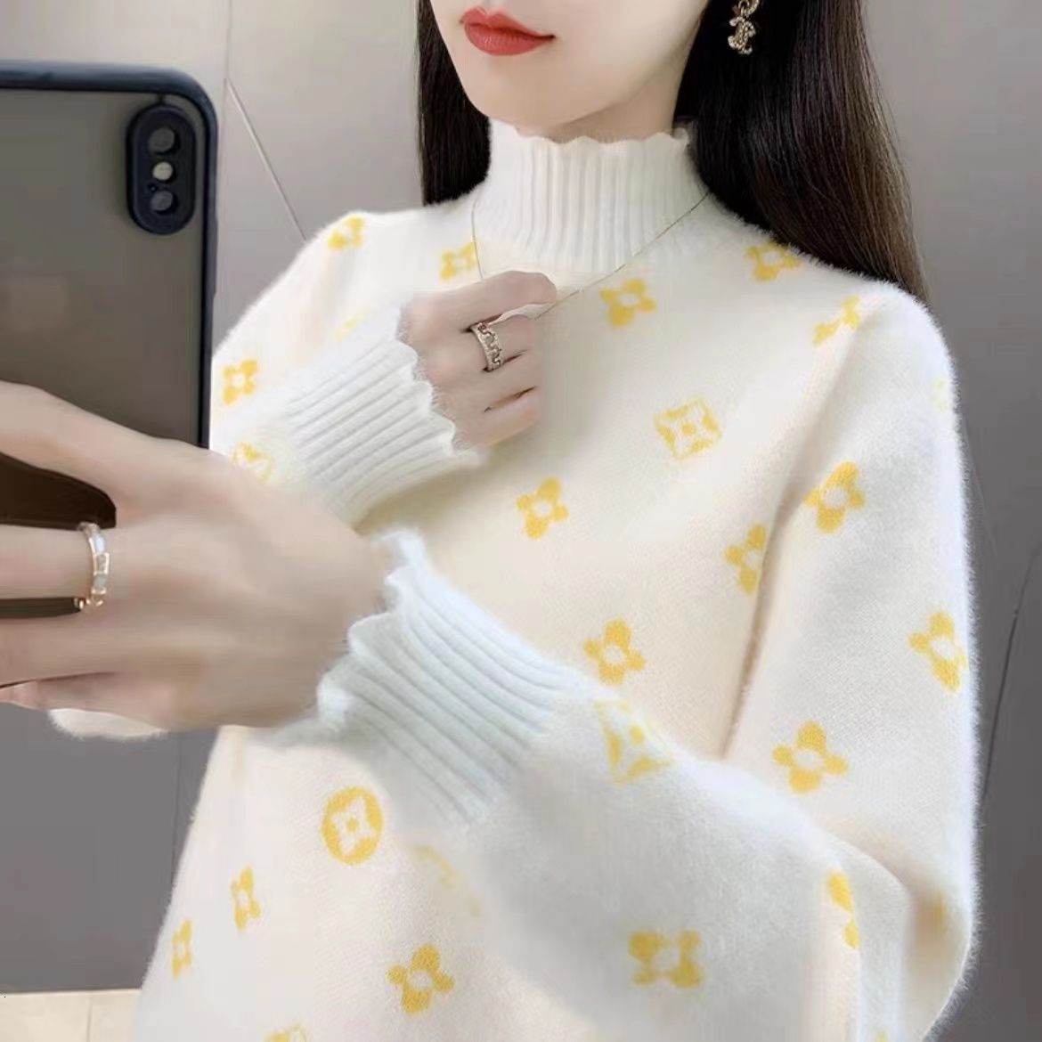 Thickened half high collar marten wool imitation womens new college style loose western-style knitting base coat in autumn and winter of 2022