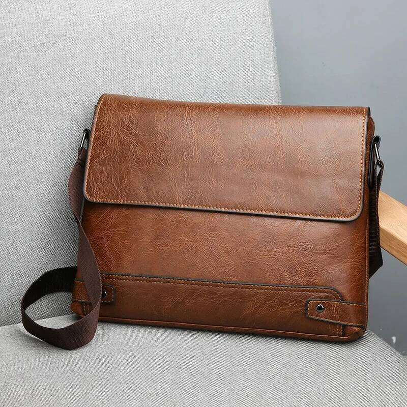 Men's Solid Color Retro Leather Shoulder Bag, Casual Business Crossbody BagS Horizontal A4 Paper Travel Briefcase Laptop Bag