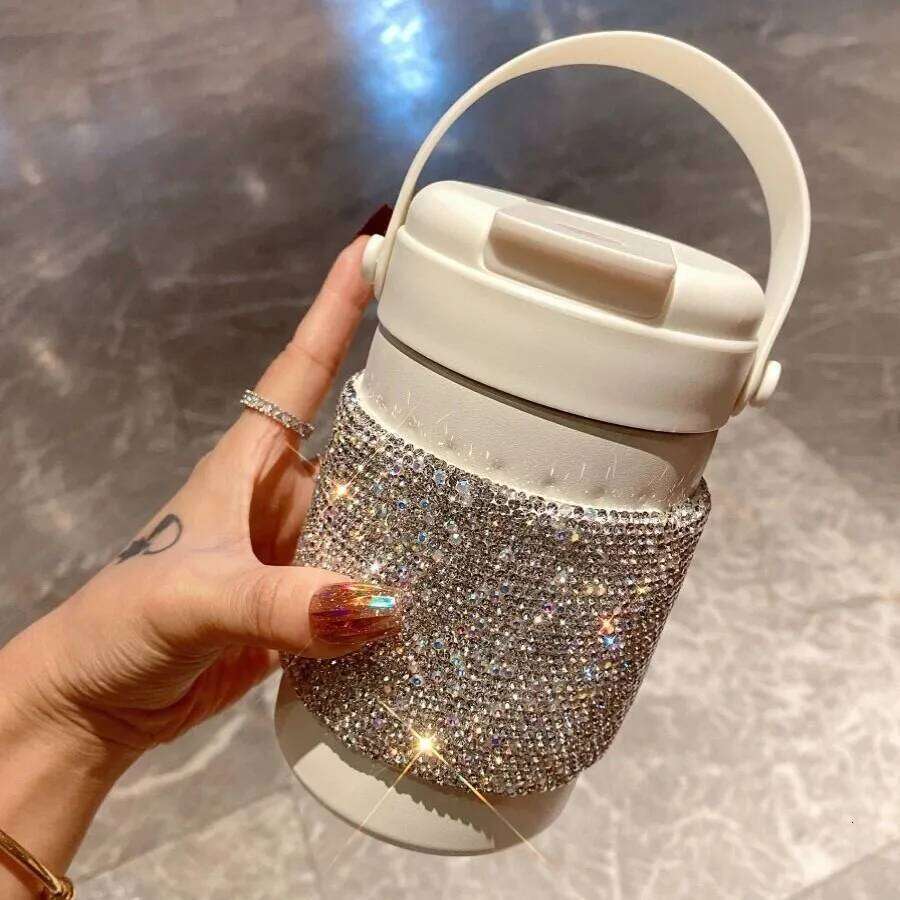 Luxury Rhinestone Stainless Steel Insulated Cup Tumbler Handle Coffee Mug Portable Thermal Water Bottle Travel Vacuum Flask Gift