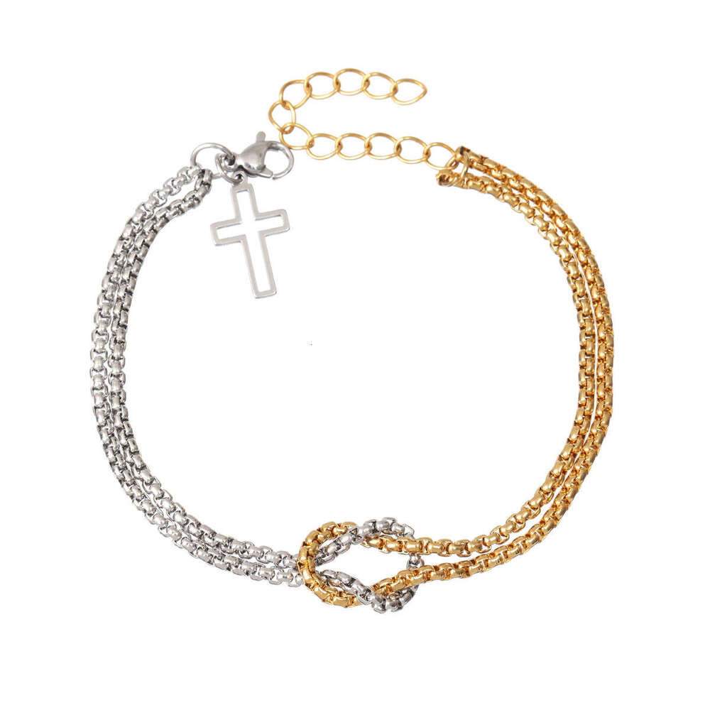 Bracelet Womens 18K Gold Plated Stainless Steel Cross Double Layer Bracelet Square Bead Chain European American Fashion Wholesale Jewelry