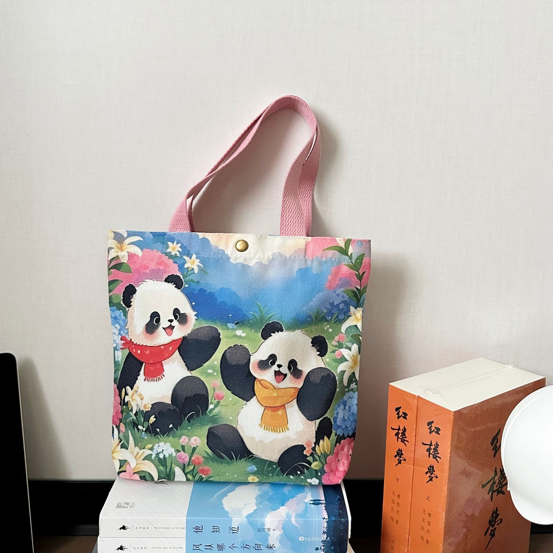 Cute Panda Small Tote Fashionable Outing Canvas Cartoon Lunch Bag Commuting Fashion Gift Handbag