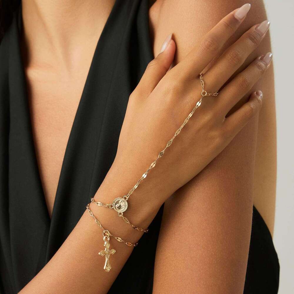 Bracelet Womens Back Hand Chain Set Coin Pendant Metal Cross Interlocking Niche Sophisticated Fashion Accessory