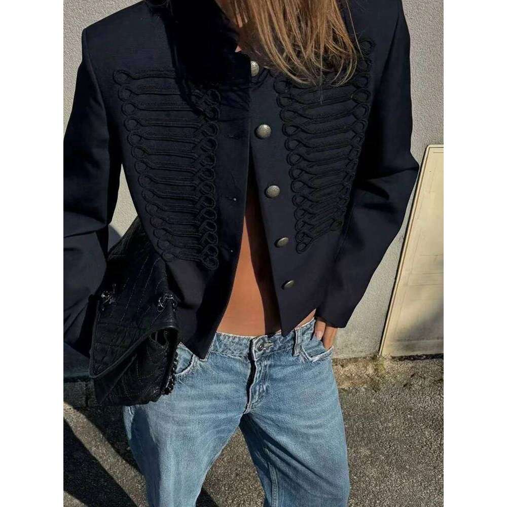 Women Knit Patchwork Napoleon Military Jacket Shoulder Pad Chic Single Breasted Short Blazer Long Sleeve Loose Spring Coat