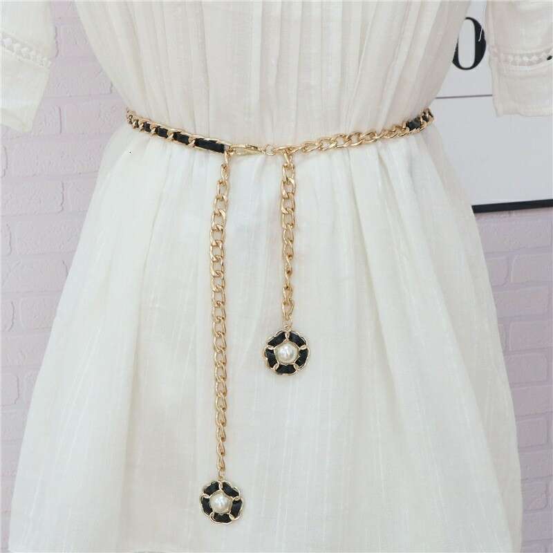 Fashion Accessory Belt Women Women's Camellia Pearl Chain Waistband Elegant Decorative Belt for Dresses Skirts