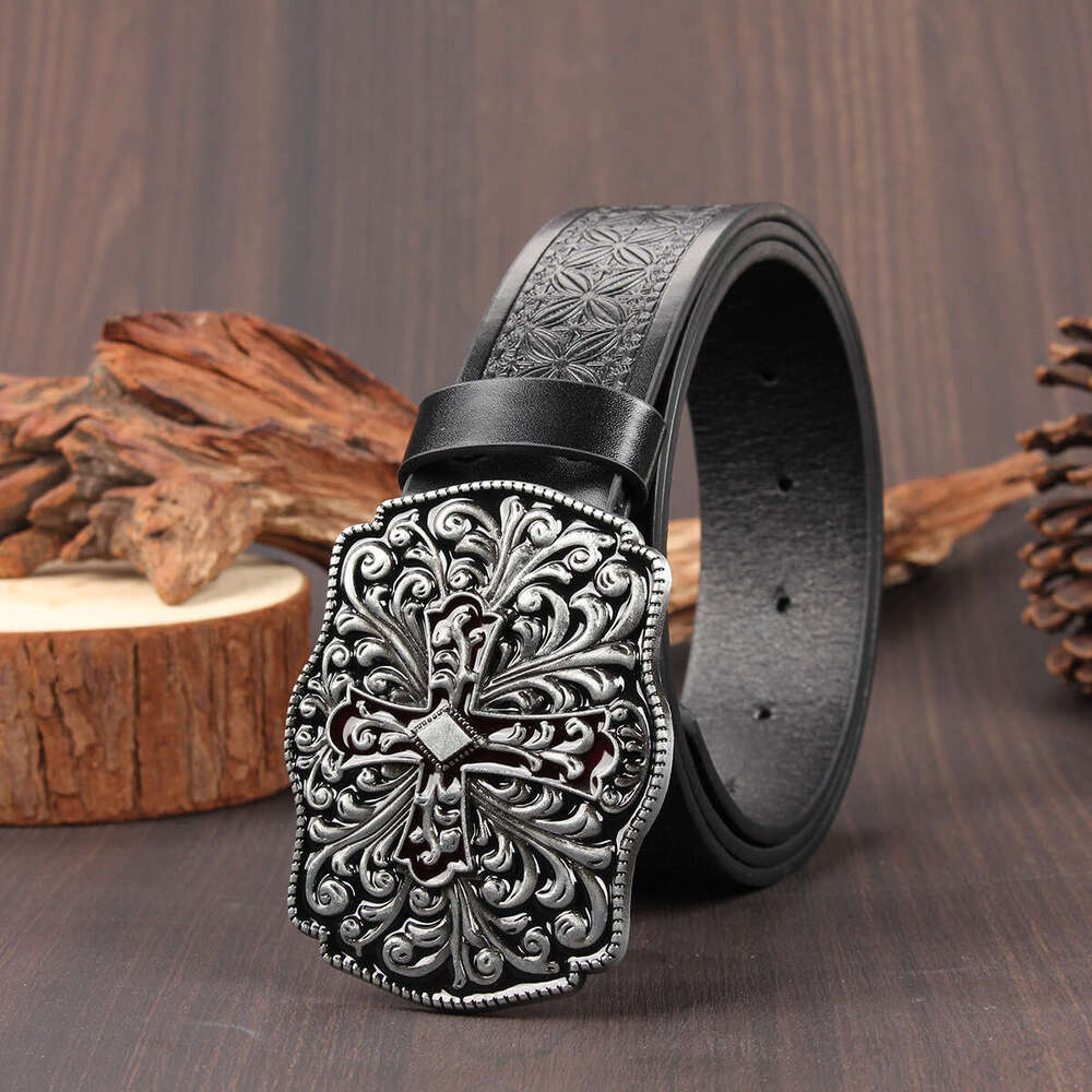Men Belt Designer Free Shipping Gothic Retro Cross Buckle Embossed Pattern Versatile Waistband for Jeans Dresses