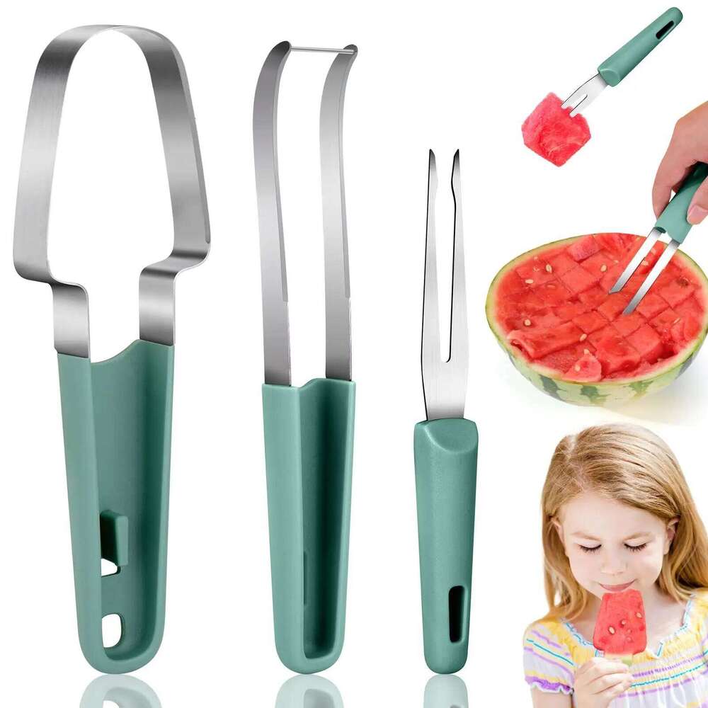 3-in-1 Cutter, 2024 Stainless Steel Fruit Watermelon Cutting Tool Fork Slicer Knife Set for Home Kitchen