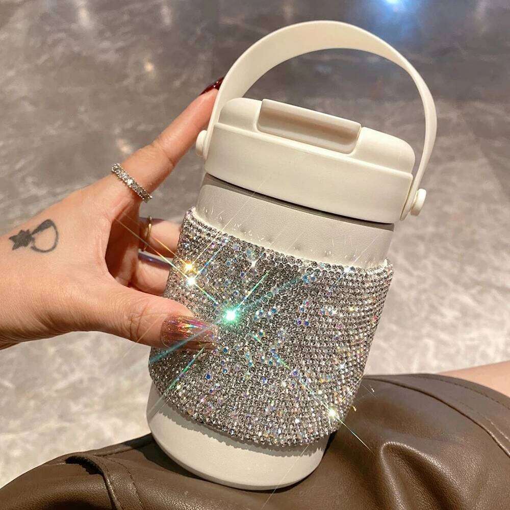 Luxury Rhinestone Stainless Steel Insulated Cup Tumbler Handle Coffee Mug Portable Thermal Water Bottle Travel Vacuum Flask Gift