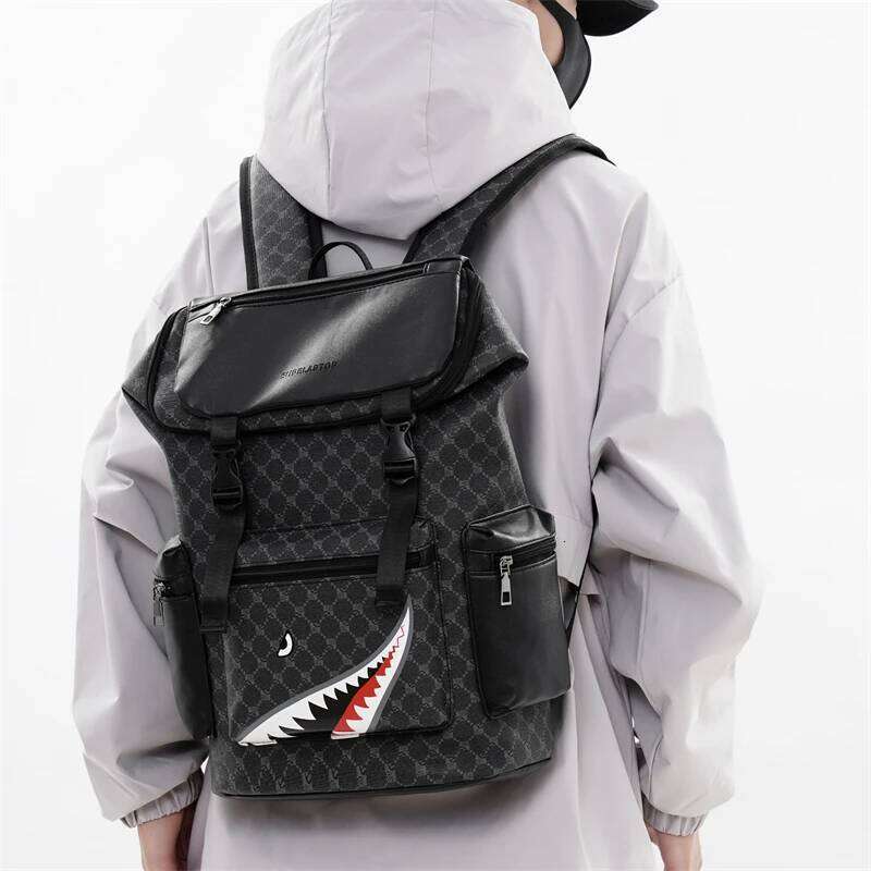New Stylish Youth Street Gothic Shark Pattern Men's Backpacks Large Capacity Plaid Teenage Student School Backpack Z260124