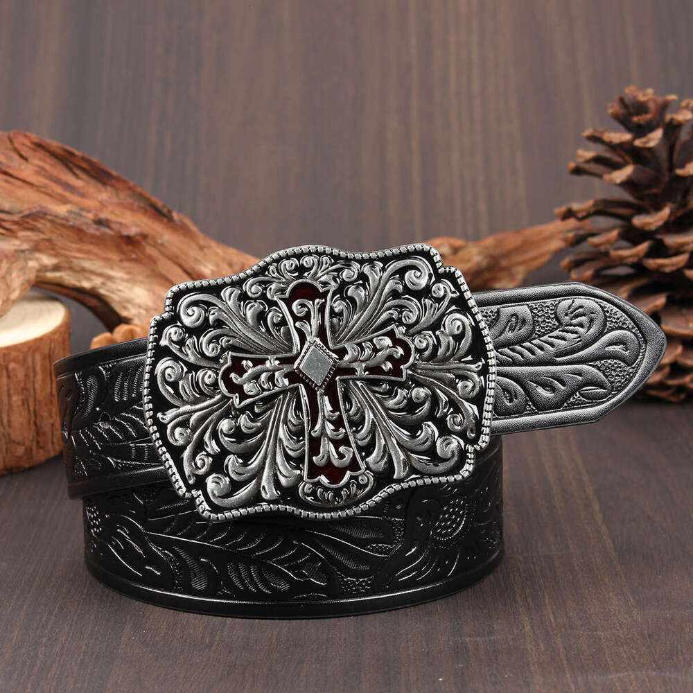 Men Belt Designer Free Shipping Gothic Retro Cross Buckle Embossed Pattern Versatile Waistband for Jeans Dresses