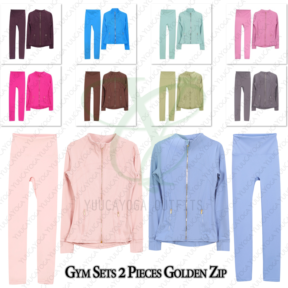 Women Workout Gym Set Leggings Long Sleeves Metal Zip Tops & Nine Quarter Pants Yoga Outfit Fitness Jackets Fitting Jogging Sportswears Clothes