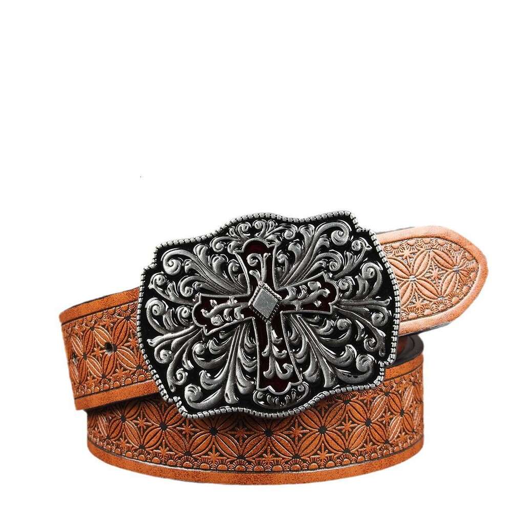 Men Belt Designer Free Shipping Gothic Retro Cross Buckle Embossed Pattern Versatile Waistband for Jeans Dresses