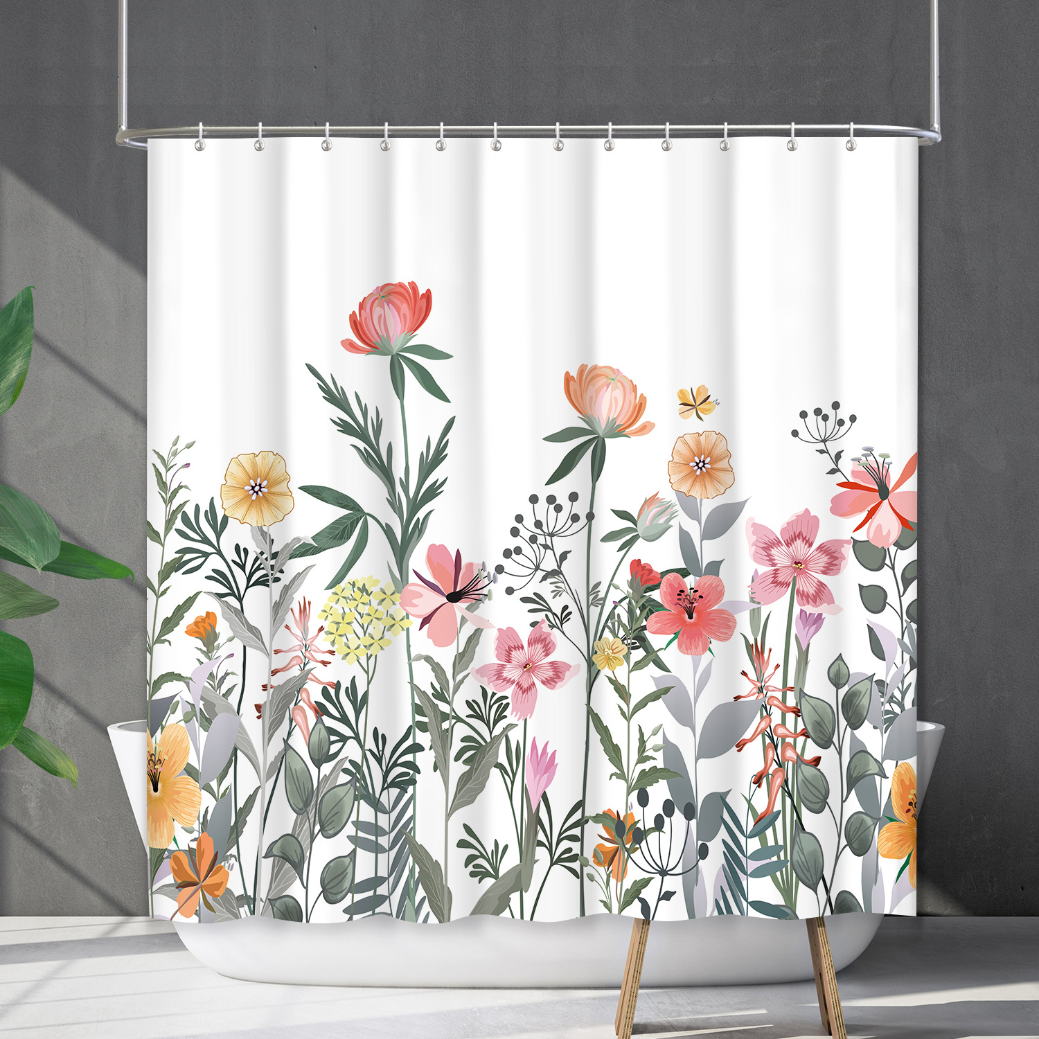 YL-38215 Customized Waterproof Shower Curtain Set with Floral Plants, Flower and Grass Shower Cover, No Drill Required
