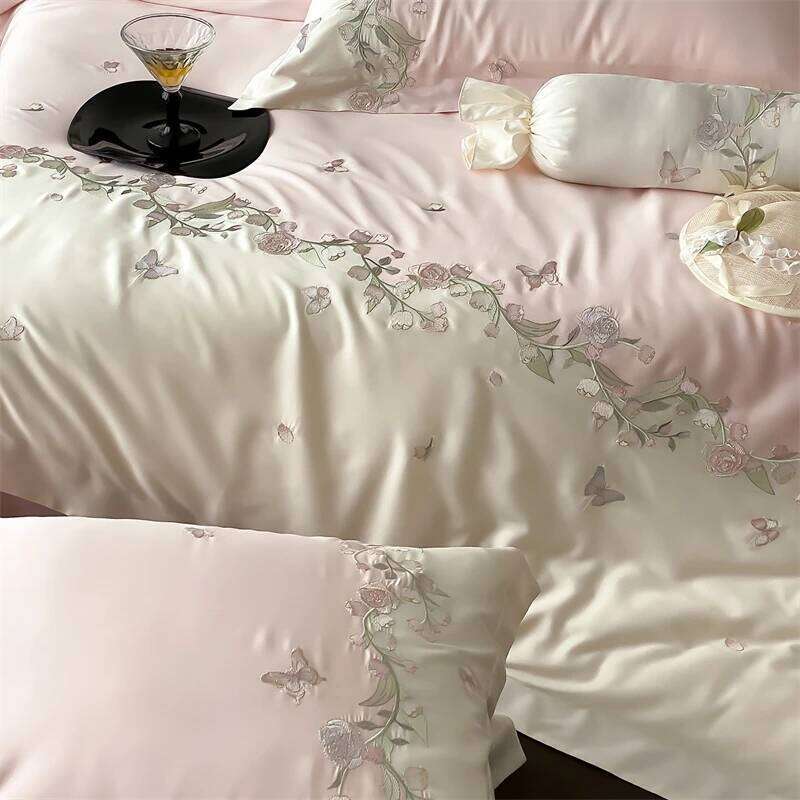 Lily of the valley Butterfly Embroidery Bedding Set 1000TC Egyptian Cotton Duvet Cover Flat/Fitted Bed Sheet Pillowcases 4Pcs Y260124
